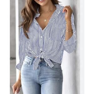 Los Angeles Boutique Blue White Stripe Button Front Blouse NEW Tie Front Top M